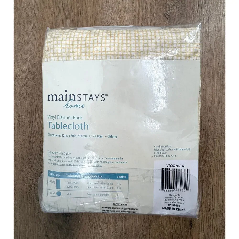 Mainstays Vinyl Flannel Back Tablecloth Yellow White Checkered Gingham 52x70